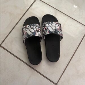 Adidas Black and Floral Slides